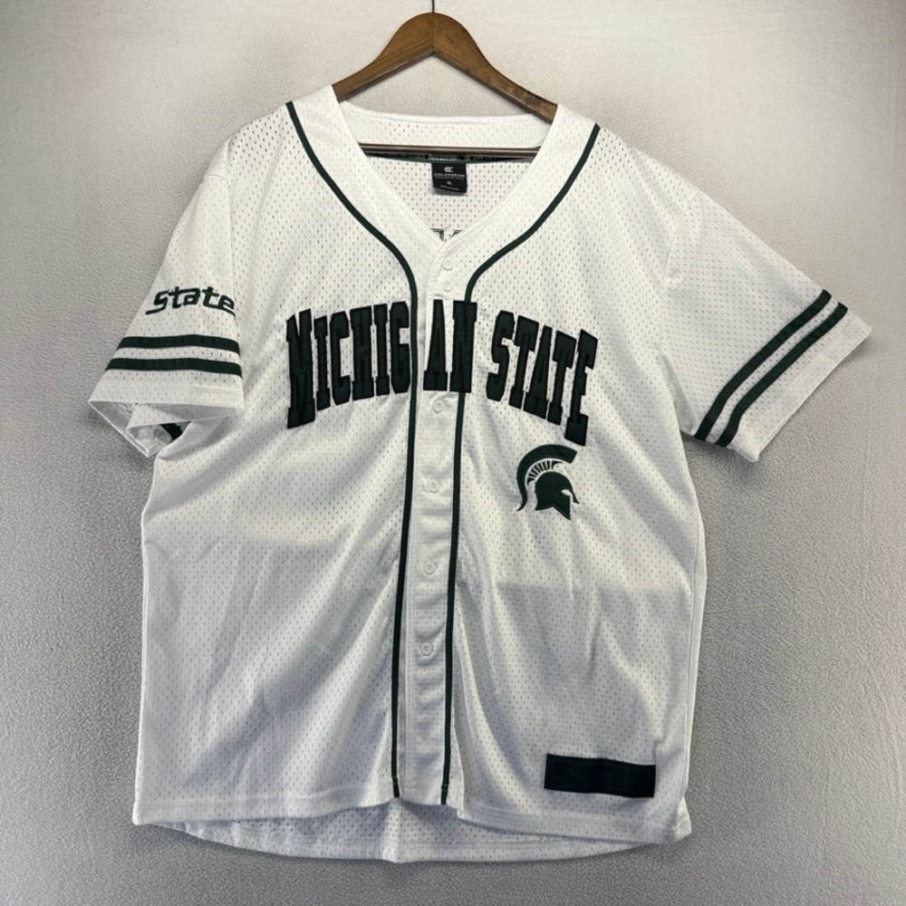Michigan State Baseball Jersey Men's XL White Green Sewn Stitched Mesh Spartans